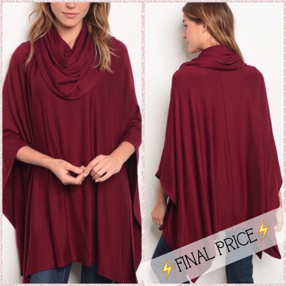 Burgundy Soft and Cozy Cowl Neck Poncho - Picture 4 of 6